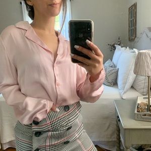 AEO Light Pink Satin Collated Button Down Blouse